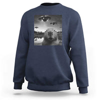 Navy crewneck sweatshirt with capybara graphic featuring UFO-style lights