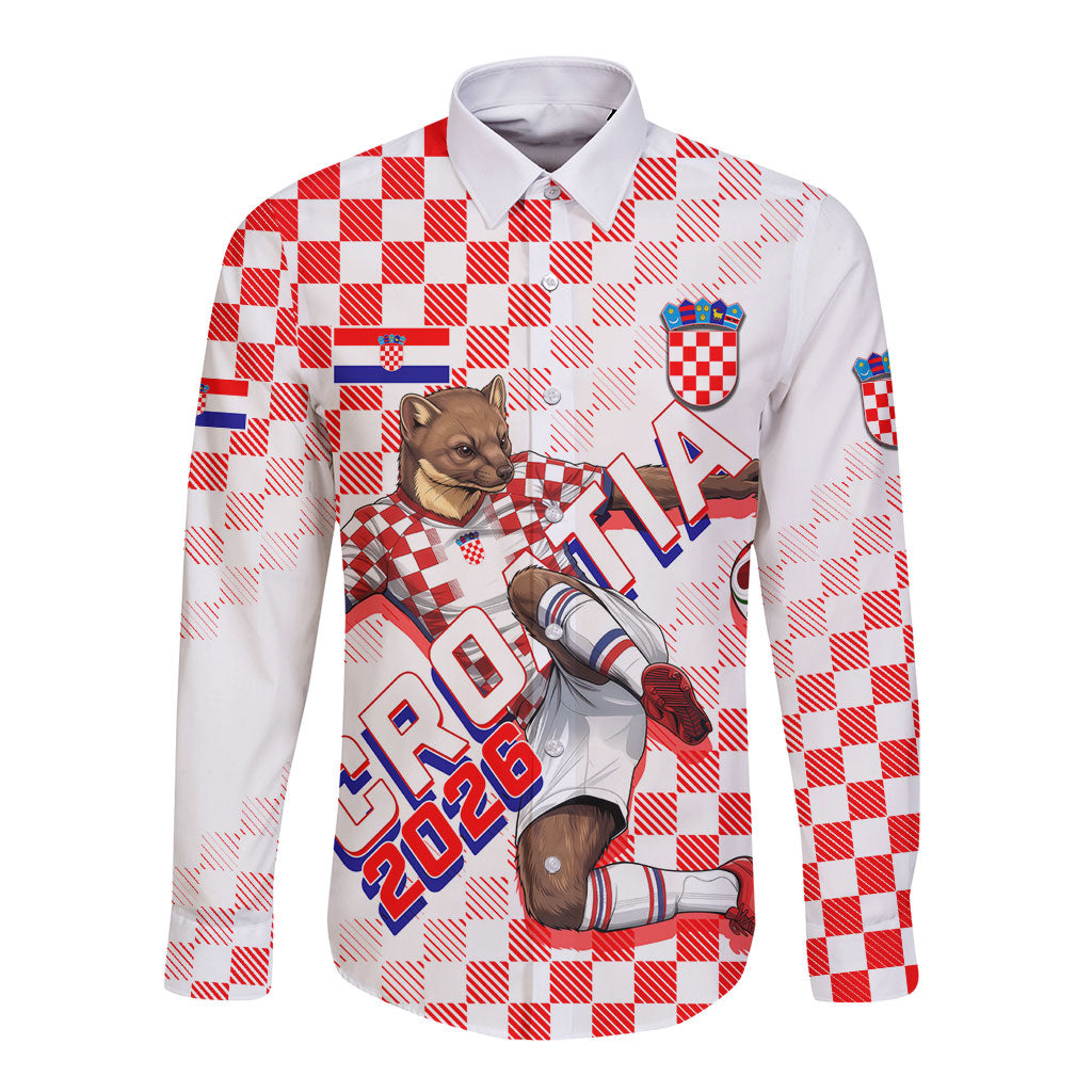 Personalized Croatia Soccer 2026 Long Sleeve Button Shirt Funa Zlatica Football Mascot - Sahovnica Croatian Checkerboard