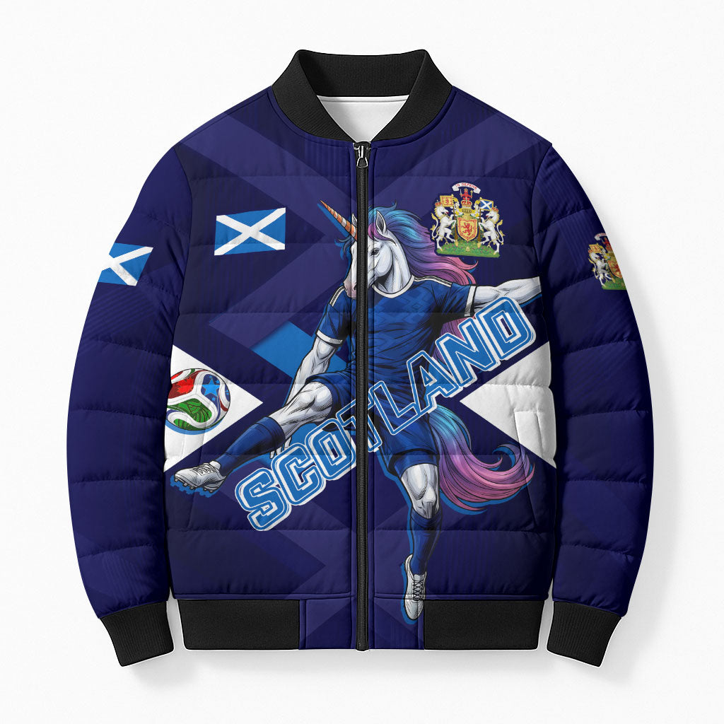 Personalized Scotland Unicorn Football Bomber Puffer Jacket Scottish National Soccer Team - St Andrew's Cross - Vibrant Fantasy Mascot