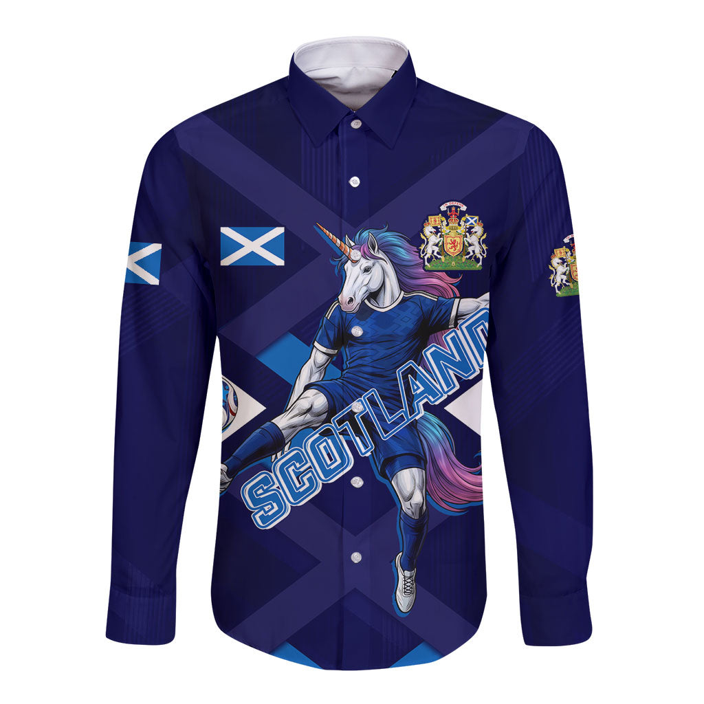 Personalized Scotland Unicorn Football Long Sleeve Button Shirt Scottish National Soccer Team - St Andrew's Cross - Vibrant Fantasy Mascot