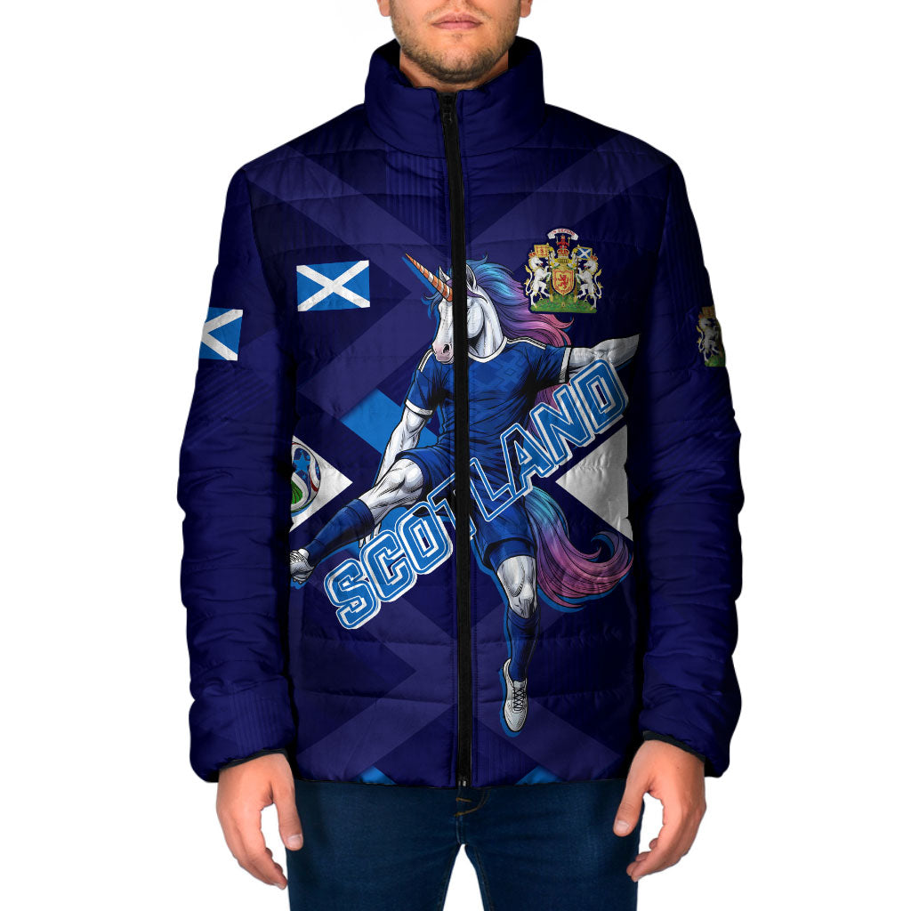 Personalized Scotland Unicorn Football Padded Jacket Scottish National Soccer Team - St Andrew's Cross - Vibrant Fantasy Mascot