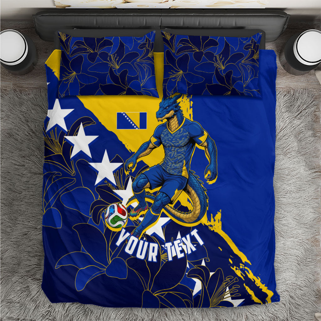 Personalized Bosnia And Herzegovina Football Dragon Mascot Bedding Set Balkan Soccer Design With Floral Line Art