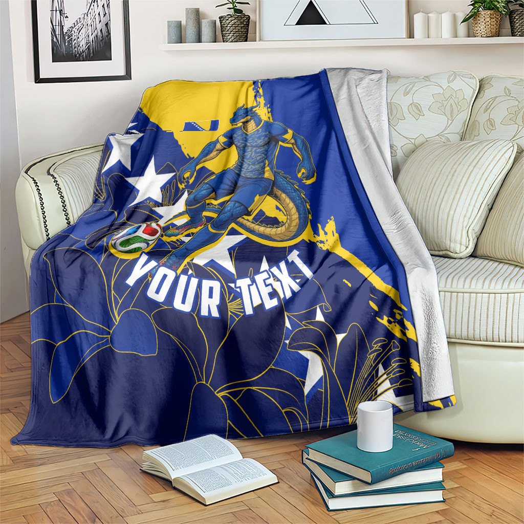 Personalized Bosnia And Herzegovina Football Dragon Mascot Blanket Balkan Soccer Design With Floral Line Art