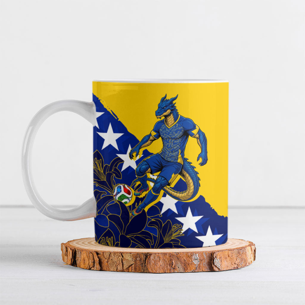 Personalized Bosnia And Herzegovina Football Dragon Mascot Ceramic Mug Balkan Soccer Design With Floral Line Art