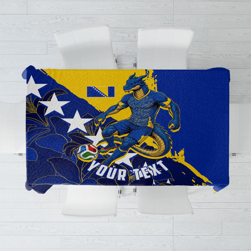 Personalized Bosnia And Herzegovina Football Dragon Mascot Tablecloth Balkan Soccer Design With Floral Line Art