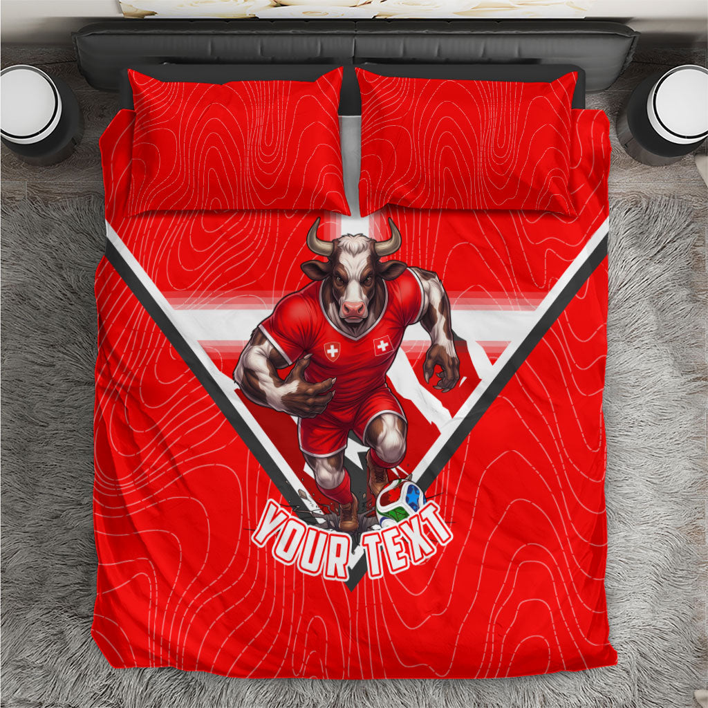 Personalized Switzerland Football Bull Mascot Bedding Set Swiss Flag And Alps Mountain Background With Muscular Bull Art