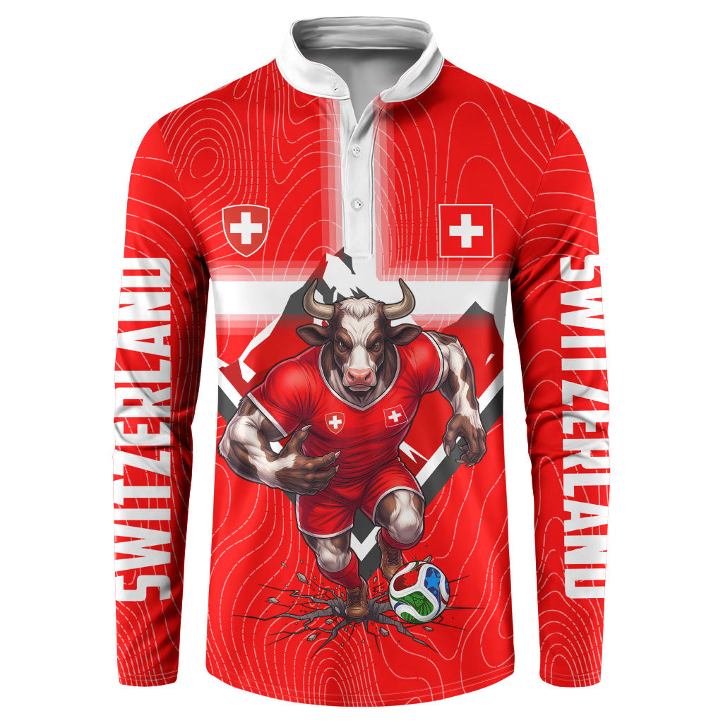 Personalized Switzerland Football Bull Mascot Button Sweatshirt Swiss Flag And Alps Mountain Background With Muscular Bull Art