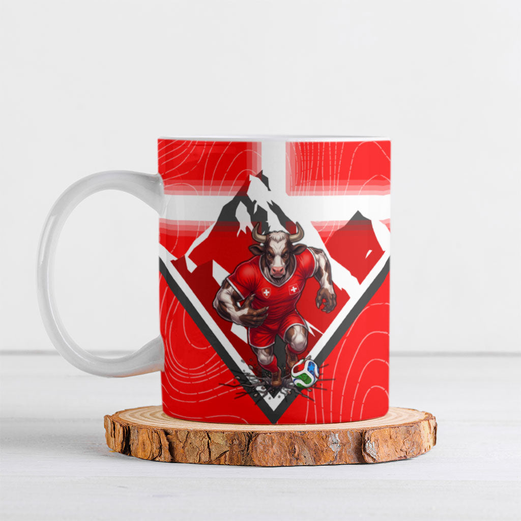 Personalized Switzerland Football Bull Mascot Ceramic Mug Swiss Flag And Alps Mountain Background With Muscular Bull Art