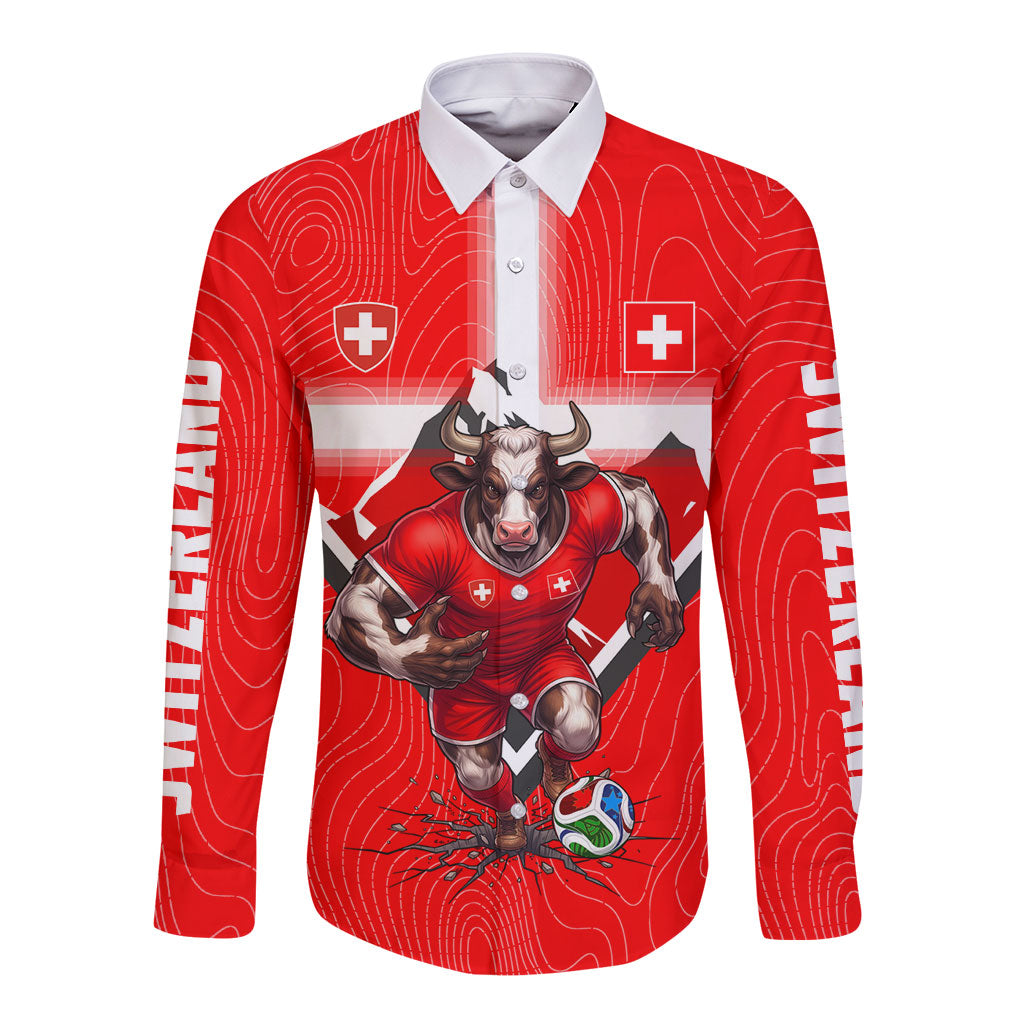 Personalized Switzerland Football Bull Mascot Long Sleeve Button Shirt Swiss Flag And Alps Mountain Background With Muscular Bull Art