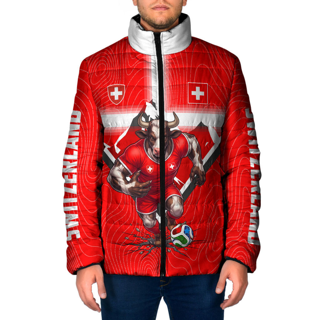 Personalized Switzerland Football Bull Mascot Padded Jacket Swiss Flag And Alps Mountain Background With Muscular Bull Art