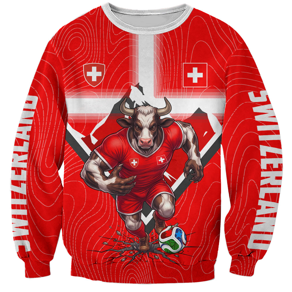 Personalized Switzerland Football Bull Mascot Sweatshirt Swiss Flag And Alps Mountain Background With Muscular Bull Art