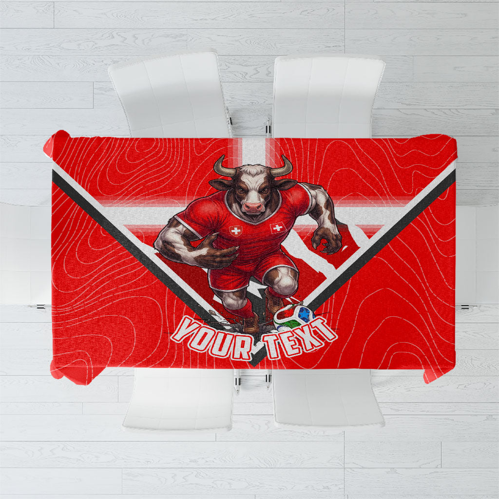 Personalized Switzerland Football Bull Mascot Tablecloth Swiss Flag And Alps Mountain Background With Muscular Bull Art