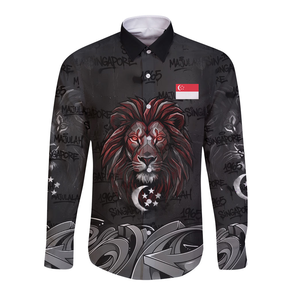 Singapore National Flag Day Long Sleeve Button Shirt Lion Tiger Coat Of Arms Grunge Graffiti