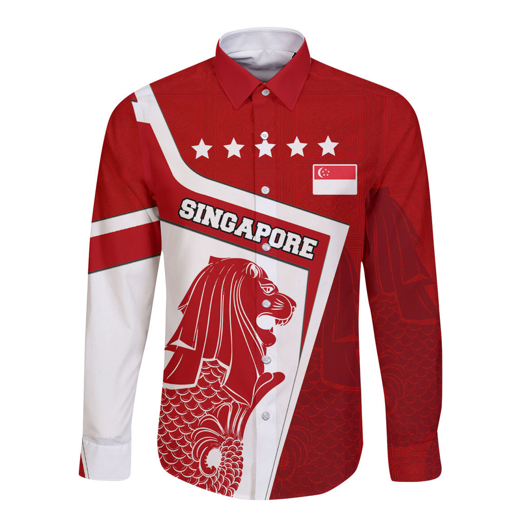 Singapore Merlion Long Sleeve Button Shirt National Flag Day Patriotic Crescent Moon And Stars