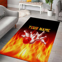 Bowling Ball and Pins Design Area Rug with Flame Background and Custom Team Name Text - Wonder Print Shop