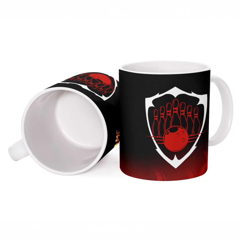 Bowling Ball and Pins Design Ceramic Mug with Flame Background and Custom Team Name Text - Wonder Print Shop