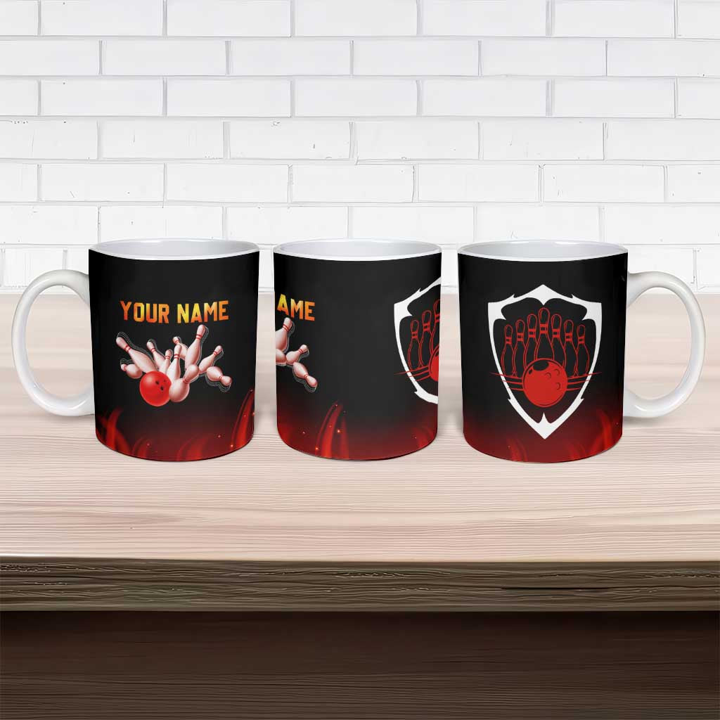 Bowling Ball and Pins Design Ceramic Mug with Flame Background and Custom Team Name Text - Wonder Print Shop