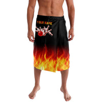 Men's black lavalava with bowling pins, red ball, 'YOUR NAME' text, flame print
