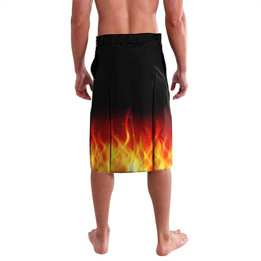Men's black lavalava with red-orange flame print gradient at hem