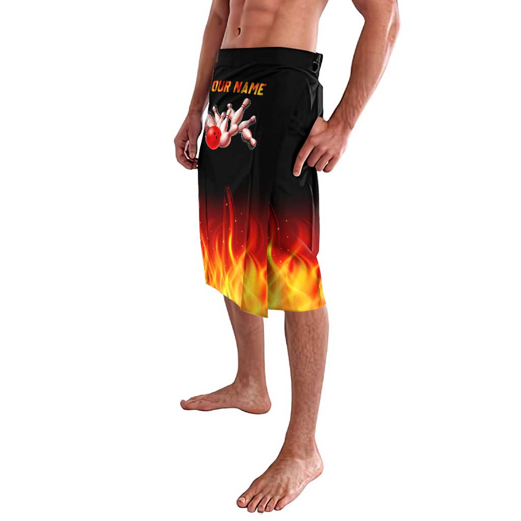 Men's black lavalava with bowling pins, red ball, 'OUR NAME' text, flame hem