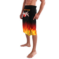 Men's black lavalava with bowling pins, red ball, 'OUR NAME' text, flame hem