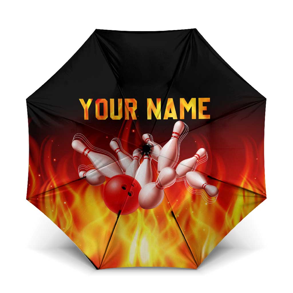 Bowling Ball and Pins Design Umbrella with Flame Background and Custom Team Name Text - Wonder Print Shop