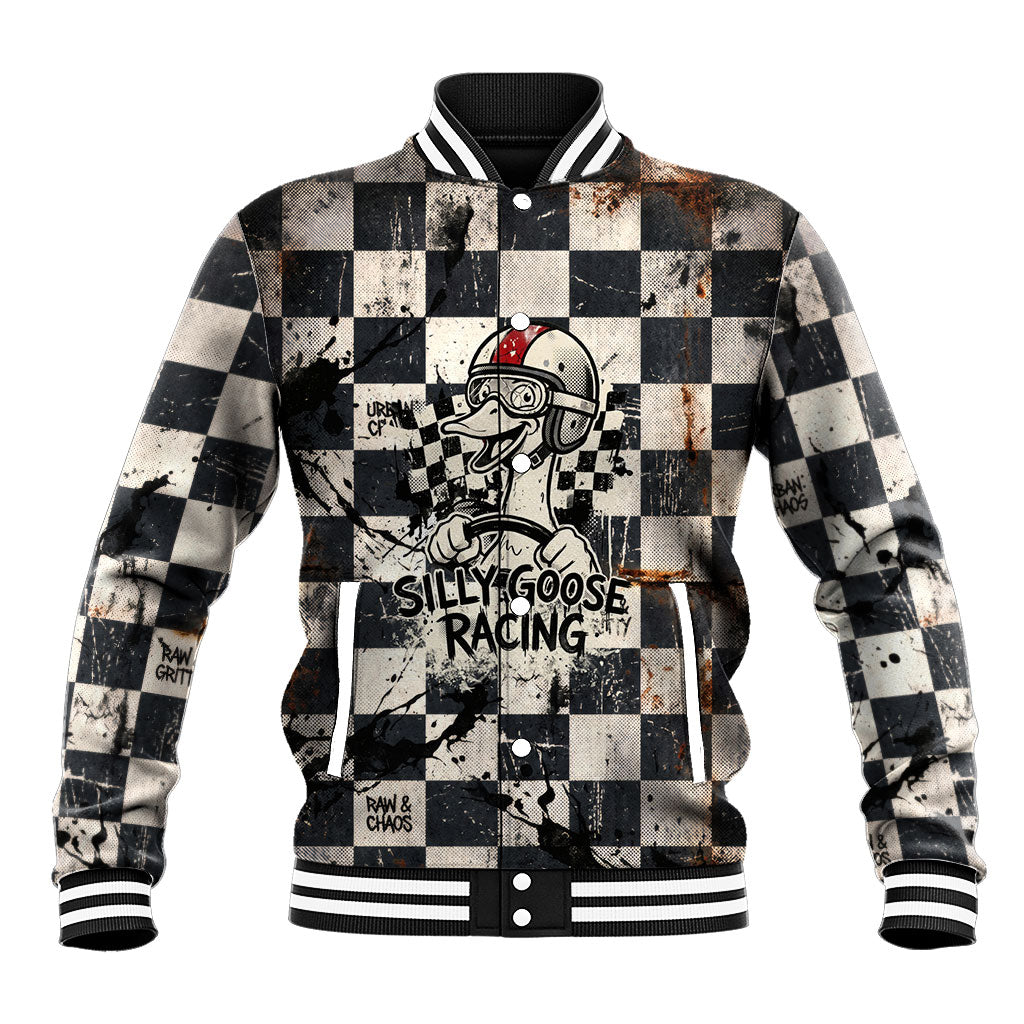 Silly Goose Racing Motorsport Baseball Jacket Vintage Distressed Checkered Flag - Cartoon Race Car