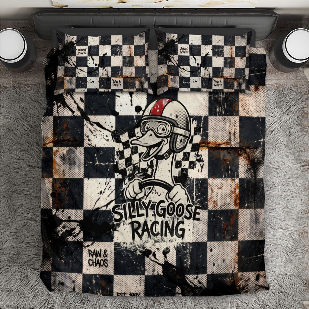 Silly Goose Racing Motorsport Bedding Set Vintage Distressed Checkered Flag - Cartoon Race Car