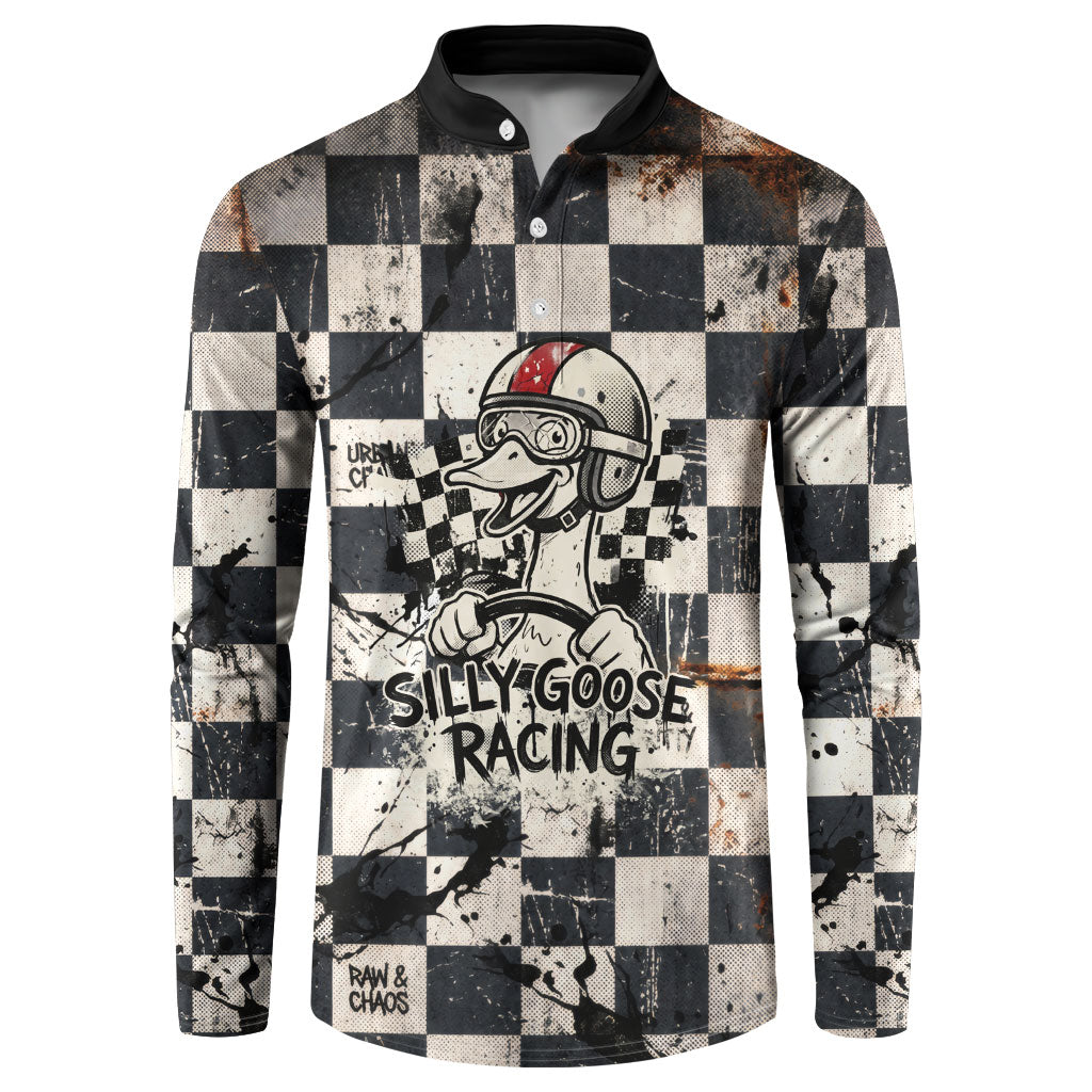 Silly Goose Racing Motorsport Button Sweatshirt Vintage Distressed Checkered Flag - Cartoon Race Car