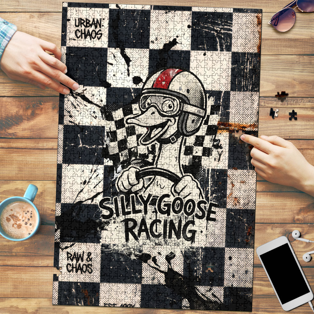 Silly Goose Racing Motorsport Puzzle Vintage Distressed Checkered Flag - Cartoon Race Car