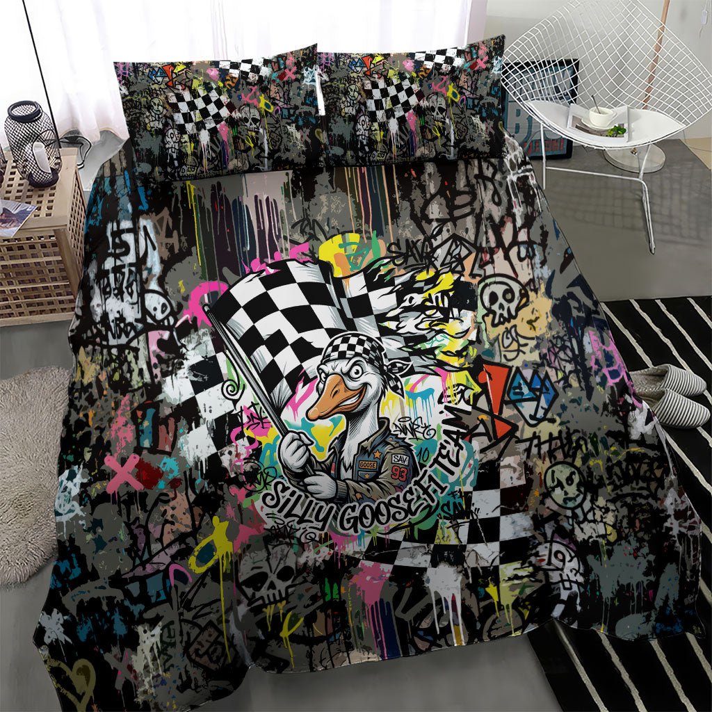 Silly Goose Team Racing Bedding Set Colorful Street Graffiti Checkered Flag