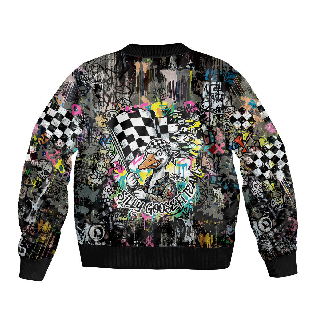 Silly Goose Team Racing Bomber Jacket Colorful Street Graffiti Checkered Flag