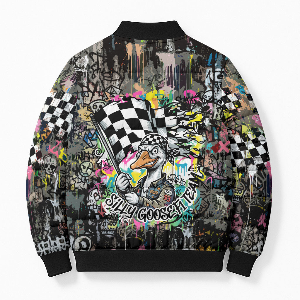 Silly Goose Team Racing Bomber Puffer Jacket Colorful Street Graffiti Checkered Flag