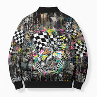 Silly Goose Team Racing Bomber Puffer Jacket Colorful Street Graffiti Checkered Flag
