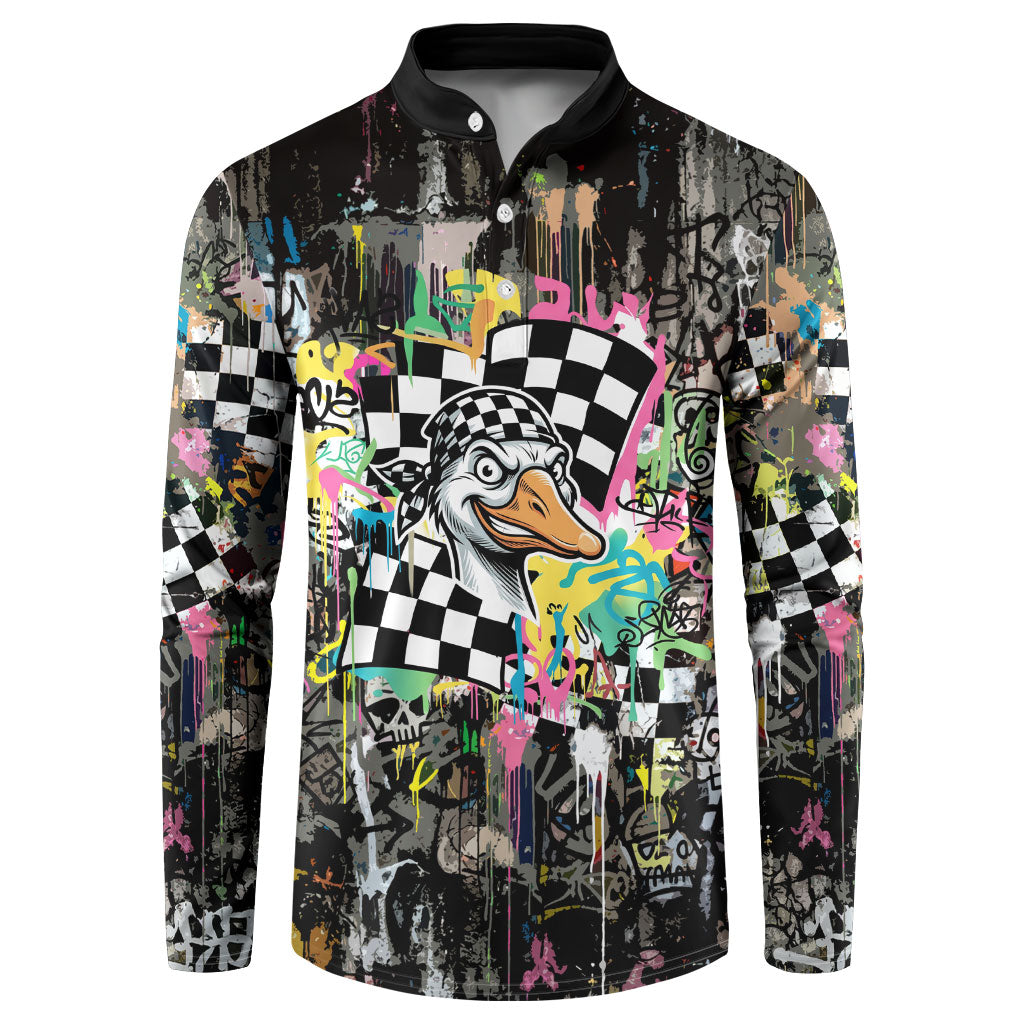 Silly Goose Team Racing Button Sweatshirt Colorful Street Graffiti Checkered Flag