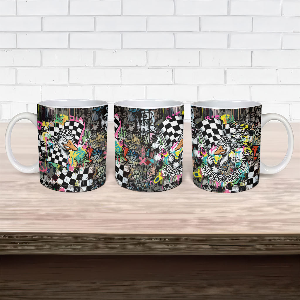 Silly Goose Team Racing Ceramic Mug Colorful Street Graffiti Checkered Flag