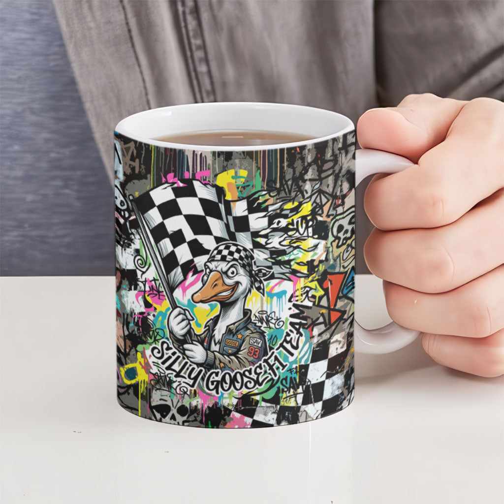 Silly Goose Team Racing Ceramic Mug Colorful Street Graffiti Checkered Flag