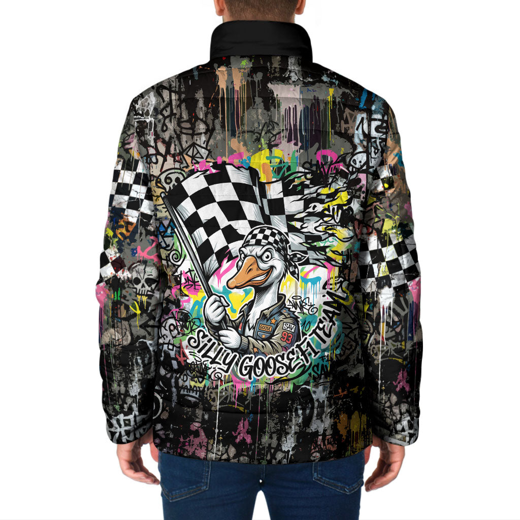 Silly Goose Team Racing Padded Jacket Colorful Street Graffiti Checkered Flag