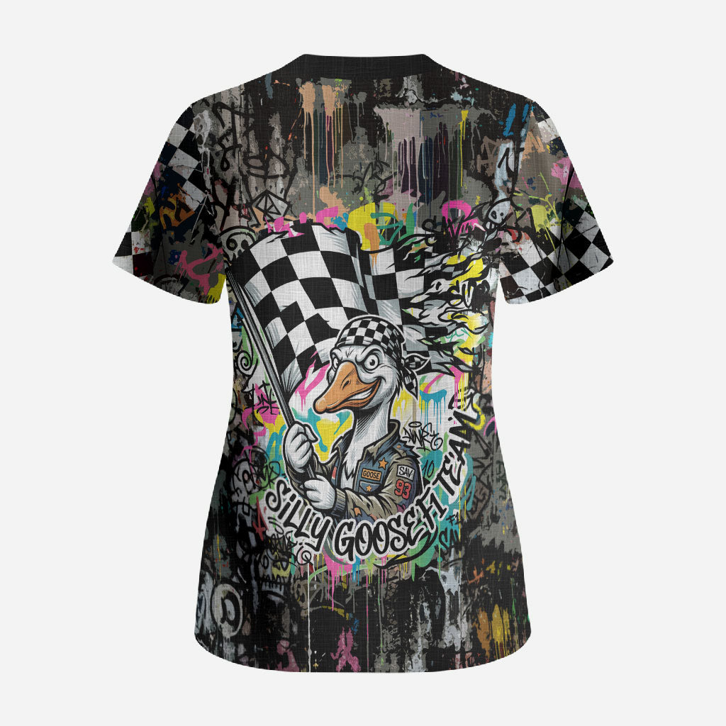 Silly Goose Team Racing Scrub Top Colorful Street Graffiti Checkered Flag