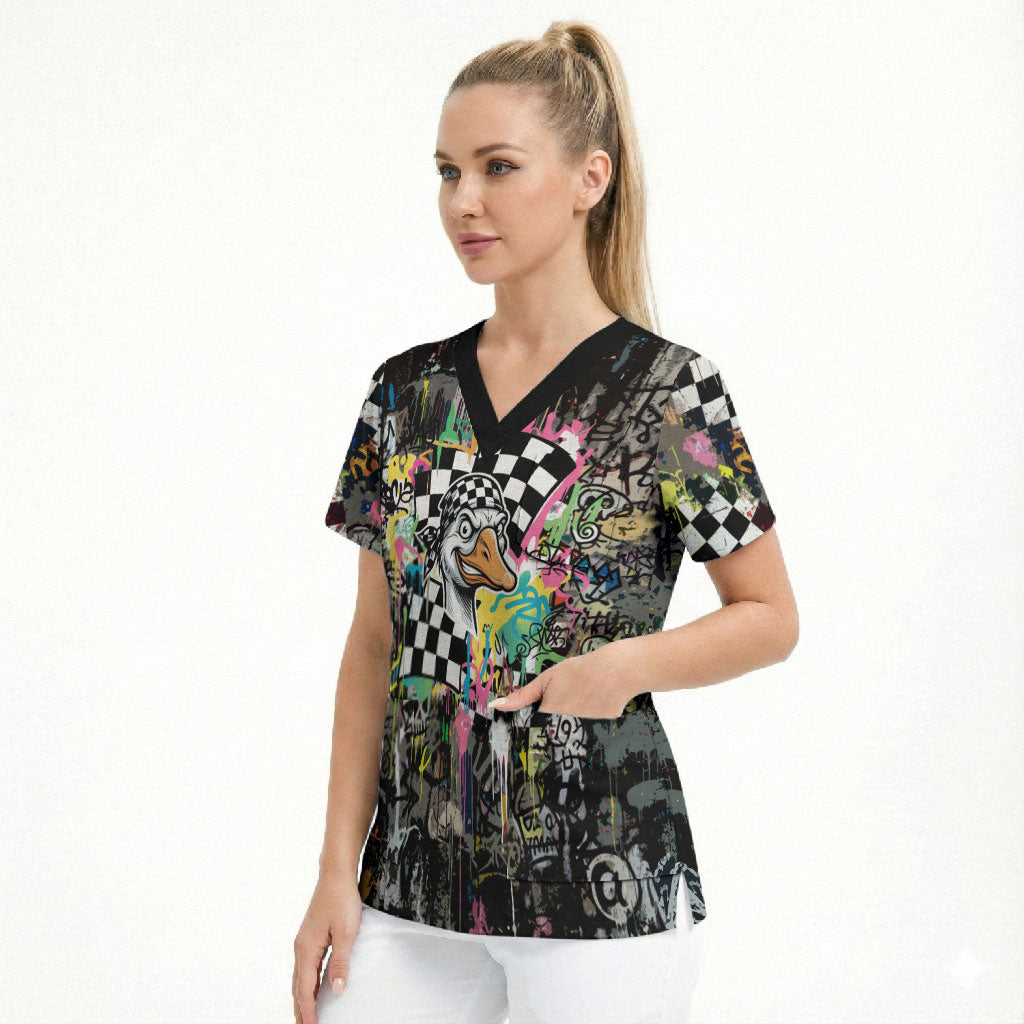 Silly Goose Team Racing Scrub Top Colorful Street Graffiti Checkered Flag