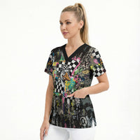 Silly Goose Team Racing Scrub Top Colorful Street Graffiti Checkered Flag