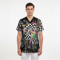Silly Goose Team Racing Scrub Top Colorful Street Graffiti Checkered Flag