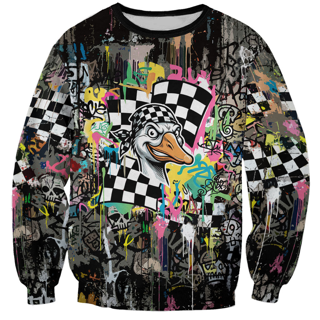 Silly Goose Team Racing Sweatshirt Colorful Street Graffiti Checkered Flag