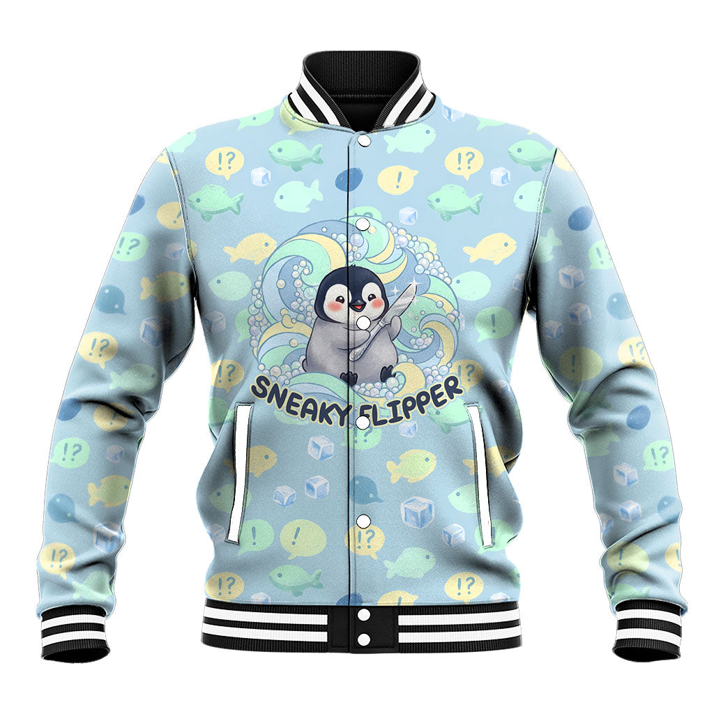 Sneaky Flipper Cute Penguin Holding Knife Baseball Jacket Funny Chibi Penguin Graphic With Ice And Fish Pattern