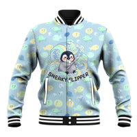 Sneaky Flipper Cute Penguin Holding Knife Baseball Jacket Funny Chibi Penguin Graphic With Ice And Fish Pattern