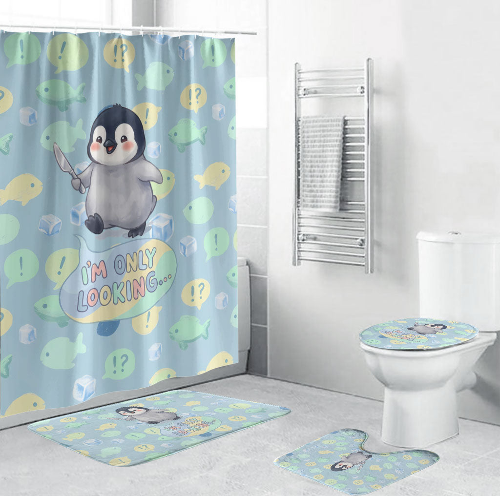 Sneaky Flipper Cute Penguin Holding Knife Bathroom Set Funny Chibi Penguin Graphic With Ice And Fish Pattern