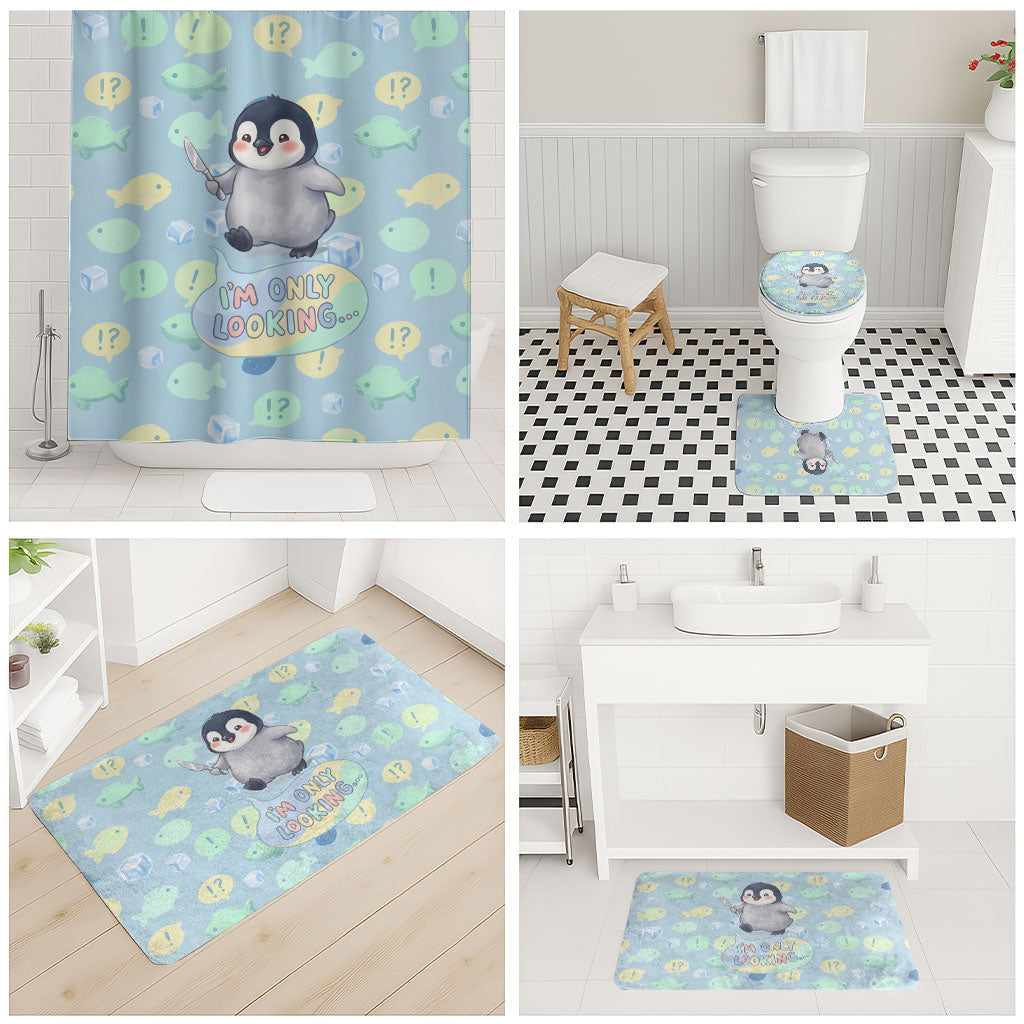 Sneaky Flipper Cute Penguin Holding Knife Bathroom Set Funny Chibi Penguin Graphic With Ice And Fish Pattern