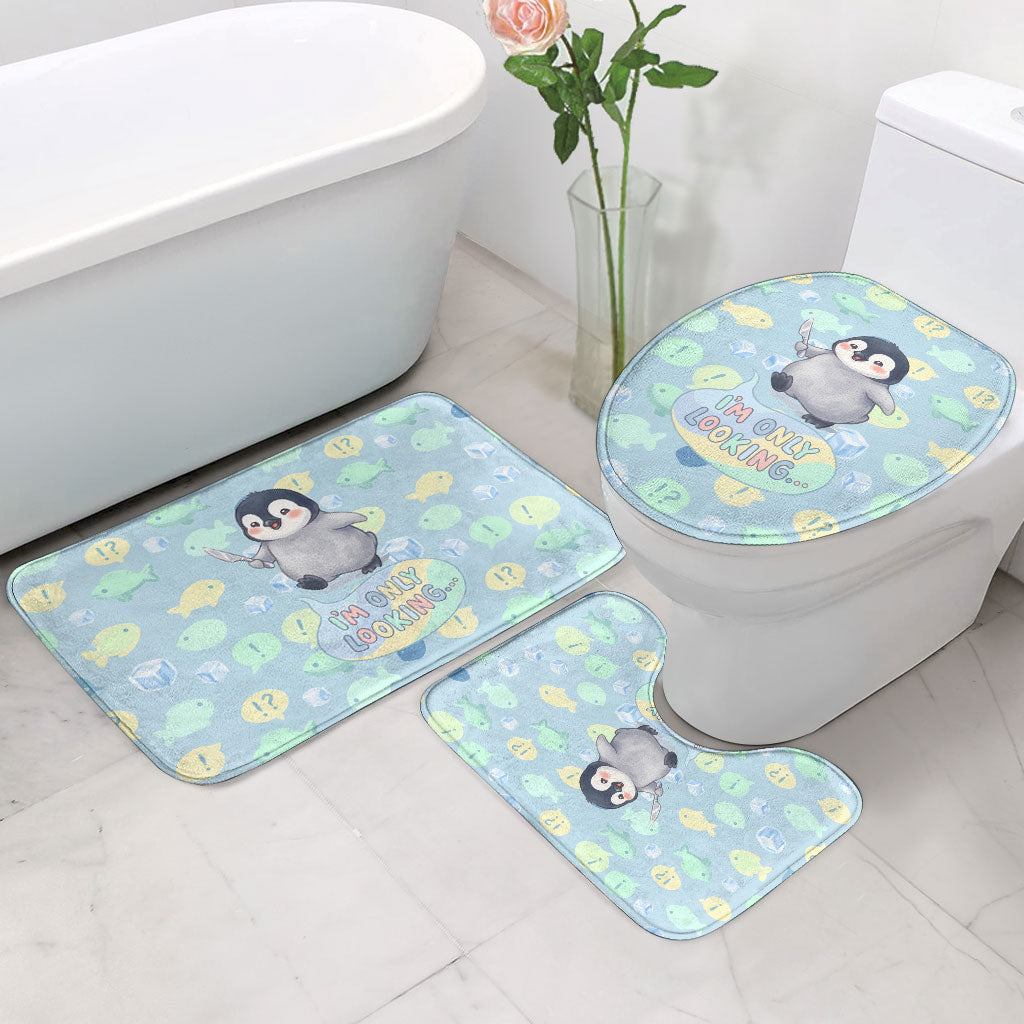 Sneaky Flipper Cute Penguin Holding Knife Bathroom Set Funny Chibi Penguin Graphic With Ice And Fish Pattern