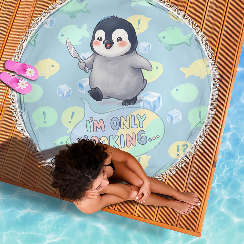 Sneaky Flipper Cute Penguin Holding Knife Beach Blanket Funny Chibi Penguin Graphic With Ice And Fish Pattern