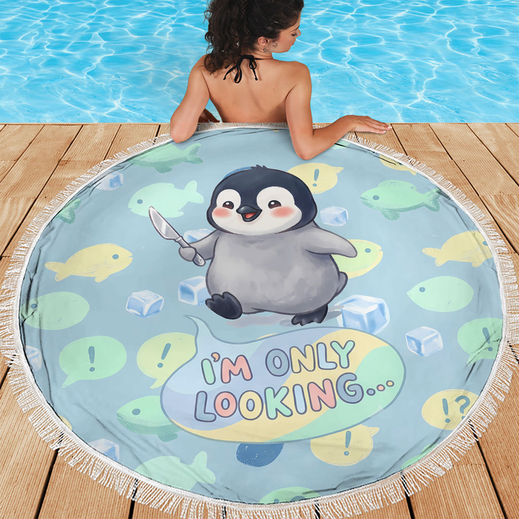Sneaky Flipper Cute Penguin Holding Knife Beach Blanket Funny Chibi Penguin Graphic With Ice And Fish Pattern